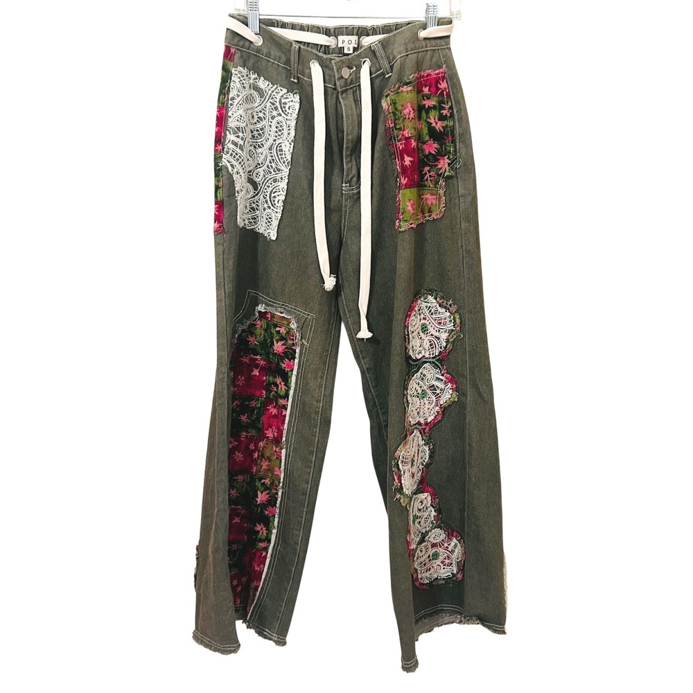 POL Size Petal Patch Pants Olive Green Patchwork Wide Leg Jeans Festival Boho